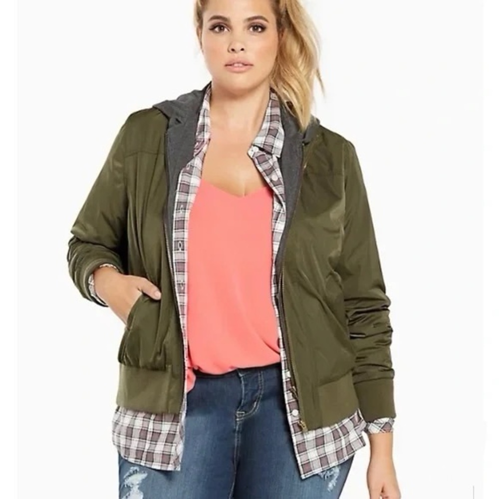 Torrid Olive Bomber Jacket with Gray Hood
